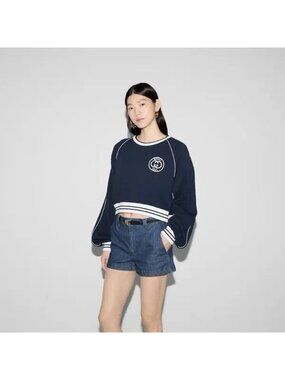 NWT GUCCI Cotton Jersey Sweatshirt Blue W/ Embroidery Sz L 100% Authentic